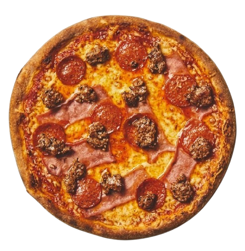 A whole pizza with pepperoni, ham and minced beef